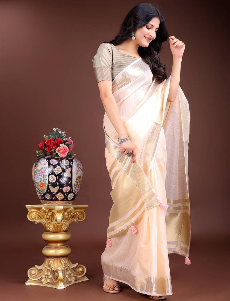1m-ready to wear peach color cotton solid saree