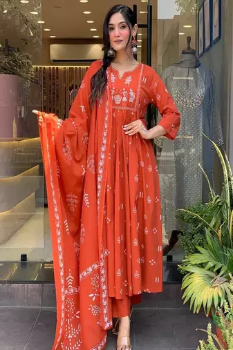 orange embroidered cotton kurta pant with dupatta