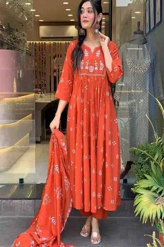 orange embroidered cotton kurta pant with dupatta