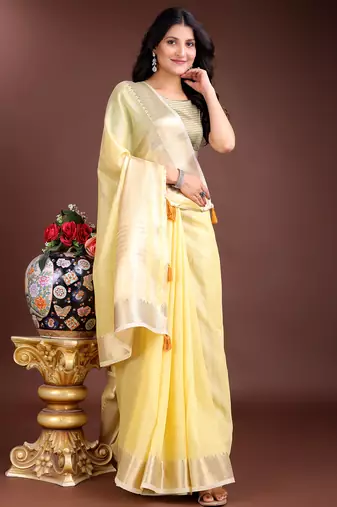 1m-ready to wear yellow color cotton solid saree