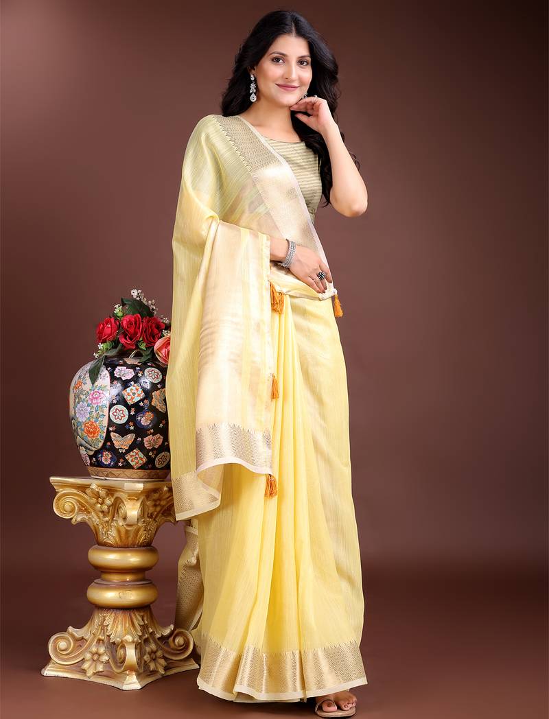 1m-ready to wear yellow color cotton solid saree