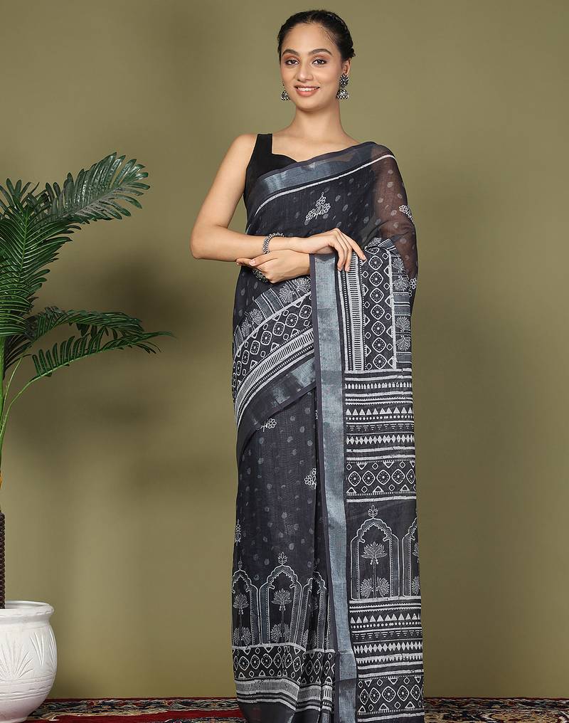 1m-ready to wear black color cotton printed with pocket saree