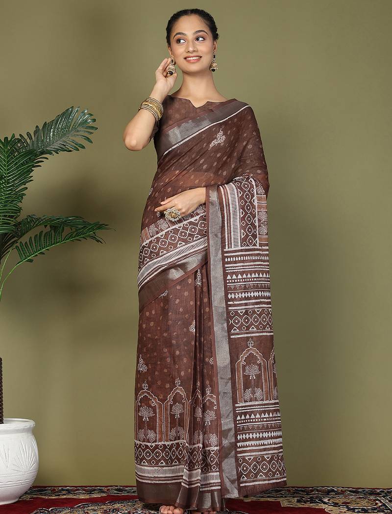 1m-ready to wear brown color cotton printed with pocket saree