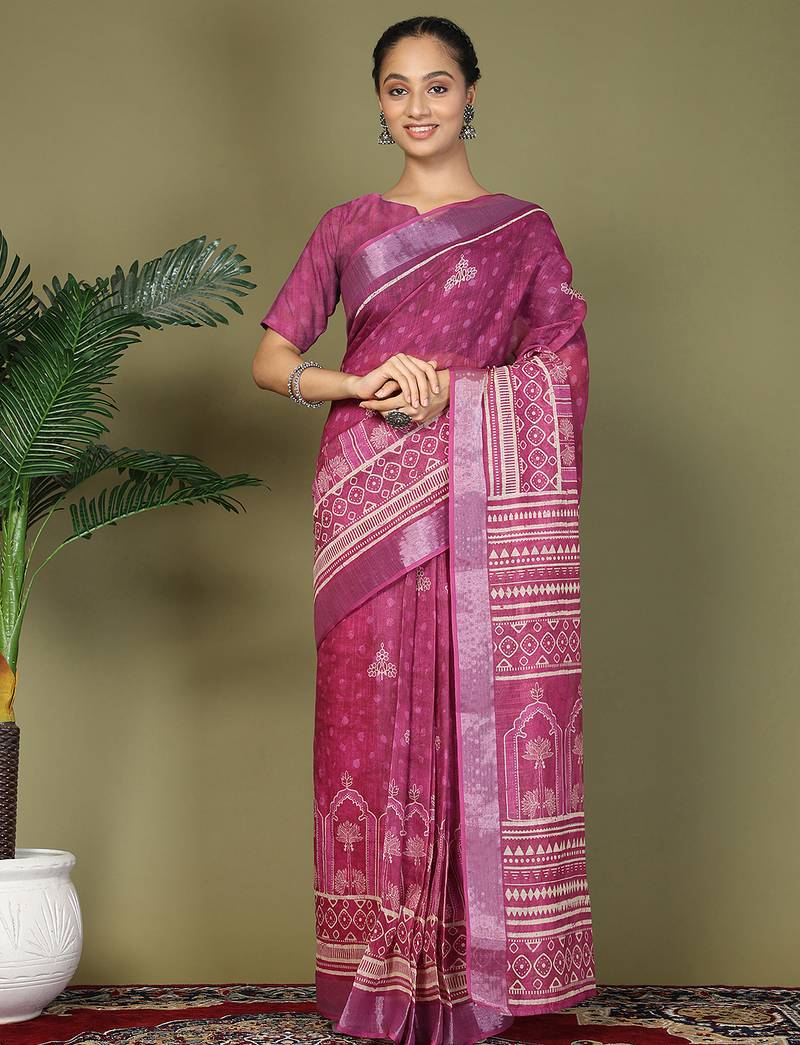 1m-ready to wear purple color cotton printed with pocket saree