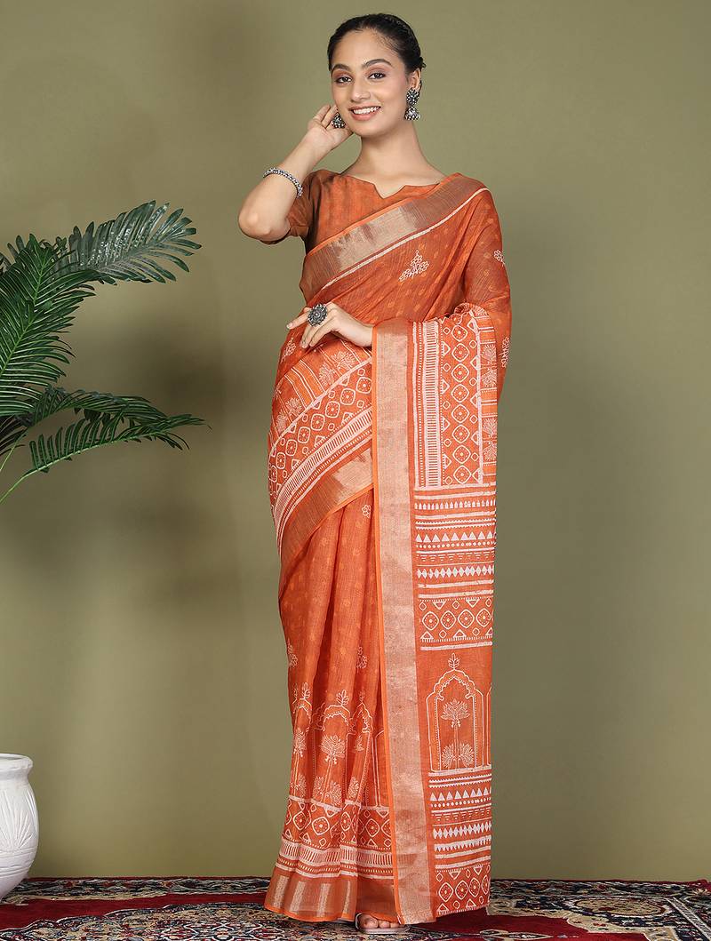 1m-ready to wear orange color cotton printed with pocket saree