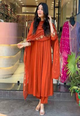 orange embroidered cotton kurta pant with dupatta 1