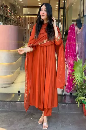 orange embroidered cotton kurta pant with dupatta