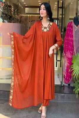 orange embroidered cotton kurta pant with dupatta 2