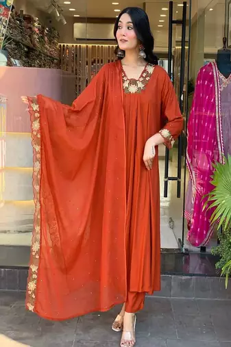 orange embroidered cotton kurta pant with dupatta