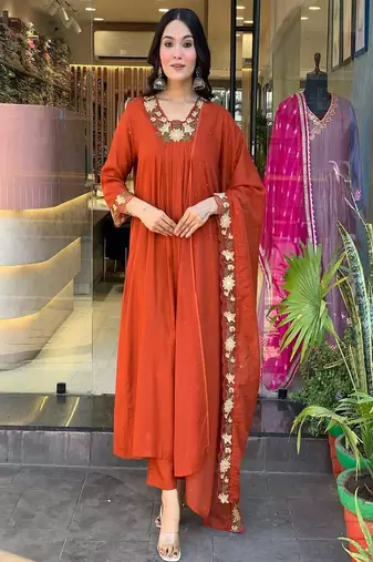 orange embroidered cotton kurta pant with dupatta