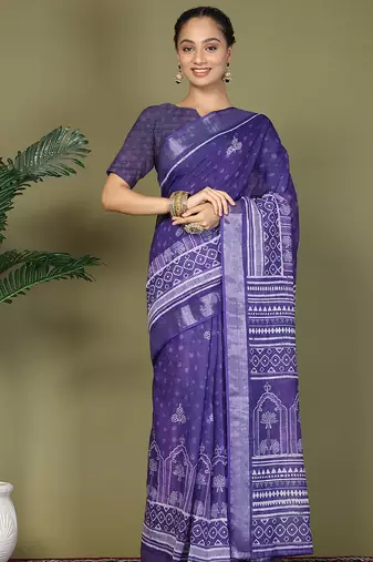 1m-ready to wear violet color cotton solid printed pocket saree