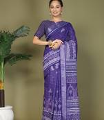 1m-ready to wear violet color cotton solid printed pocket saree