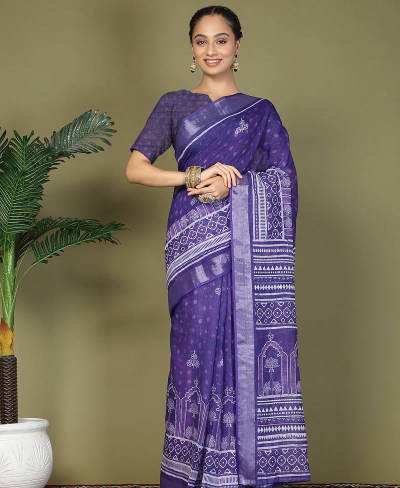 1m-ready to wear violet color cotton solid printed pocket saree