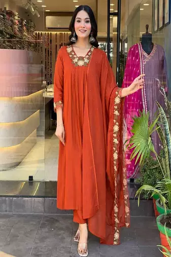 orange embroidered cotton kurta pant with dupatta