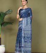 1m-ready to wear blue color cotton printed with pocket saree