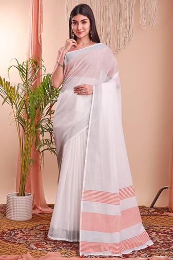 white color linen cotton zari border saree