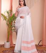 white color linen cotton zari border saree