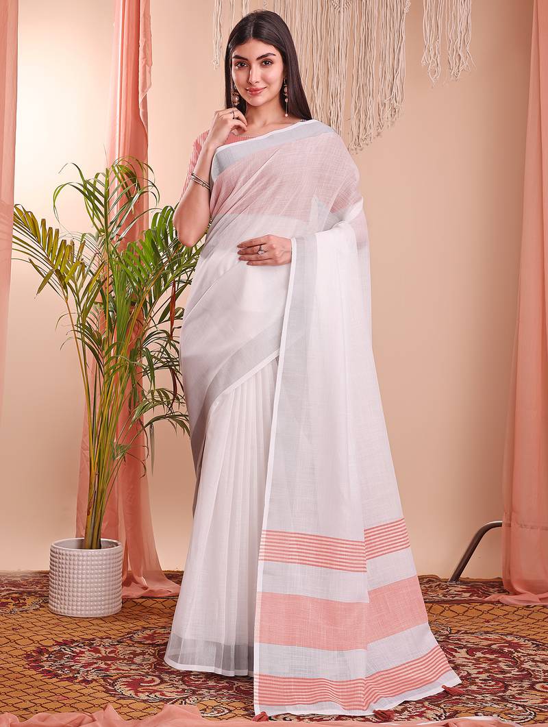 white color linen cotton zari border saree