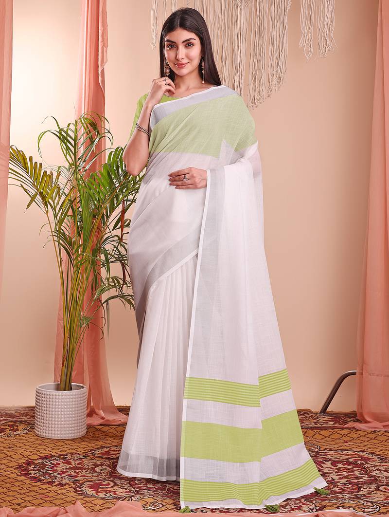 white color linen cotton zari border saree