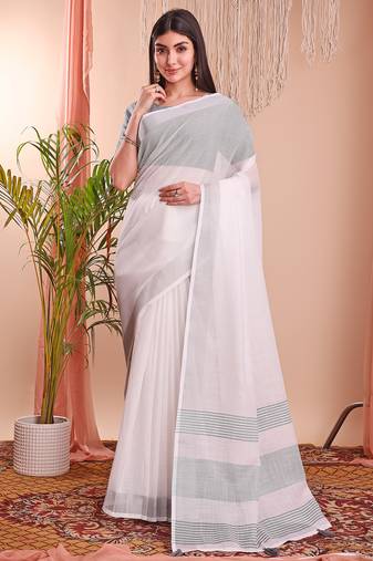 white color linen cotton zari border saree