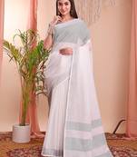 white color linen cotton zari border saree