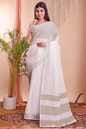 white color linen cotton zari border saree
