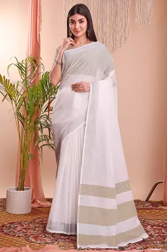 white color linen cotton zari border saree