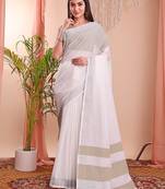 white color linen cotton zari border saree