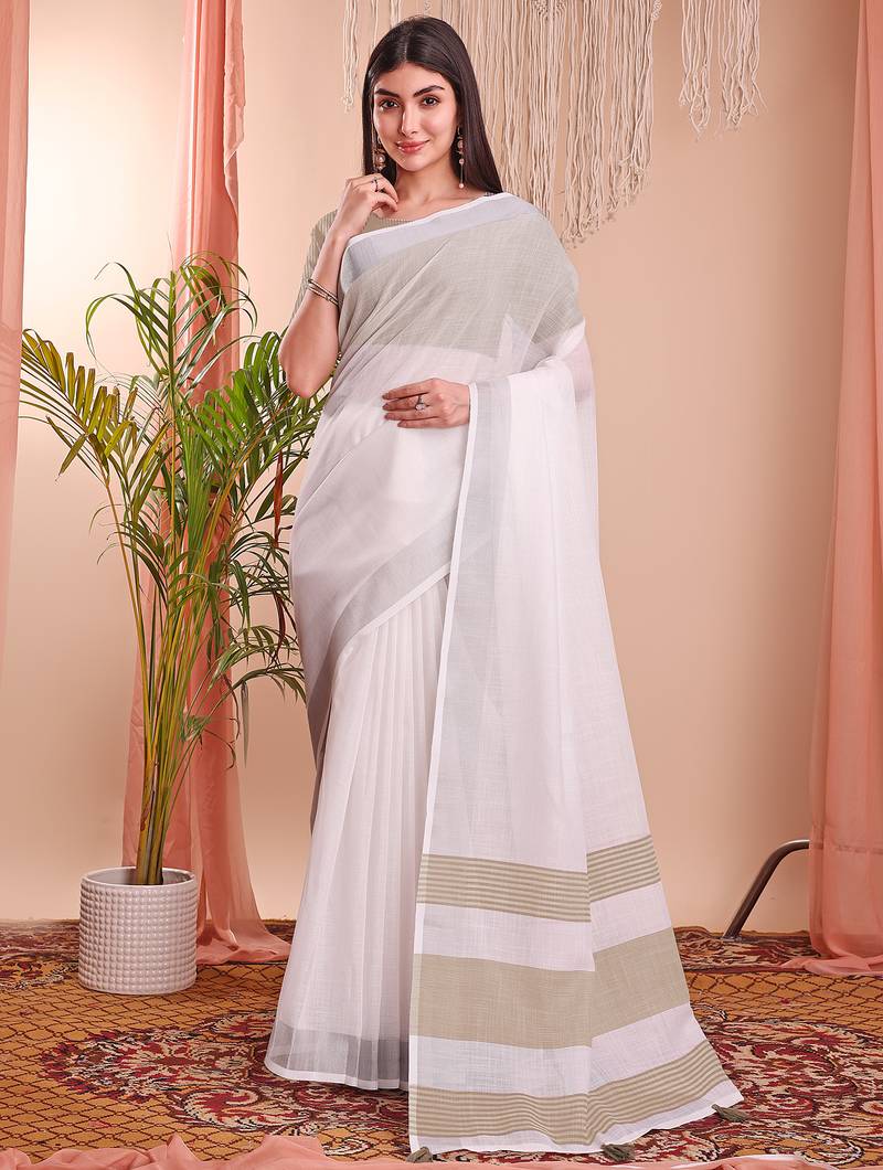white color linen cotton zari border saree