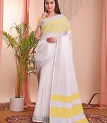white color linen cotton zari border saree