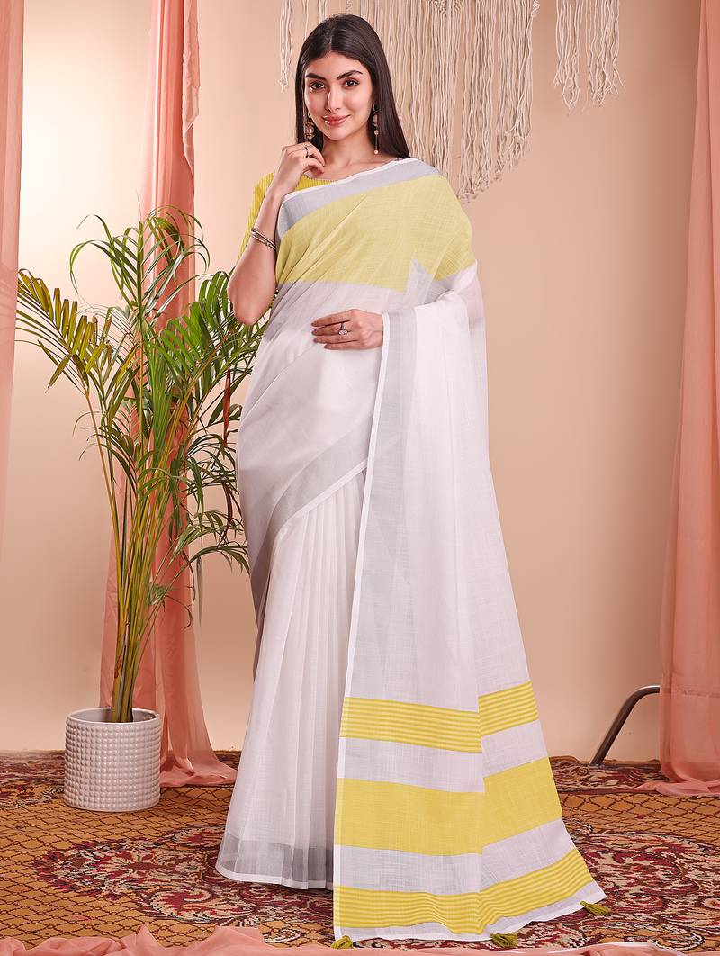 white color linen cotton zari border saree