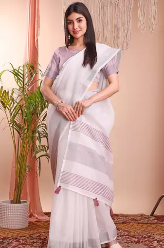 white color linen cotton zari border saree
