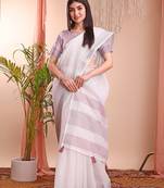 white color linen cotton zari border saree