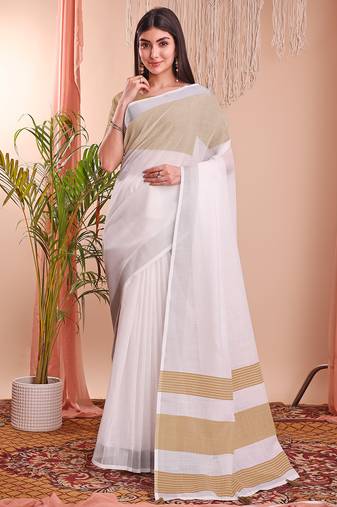 white color linen cotton zari border saree