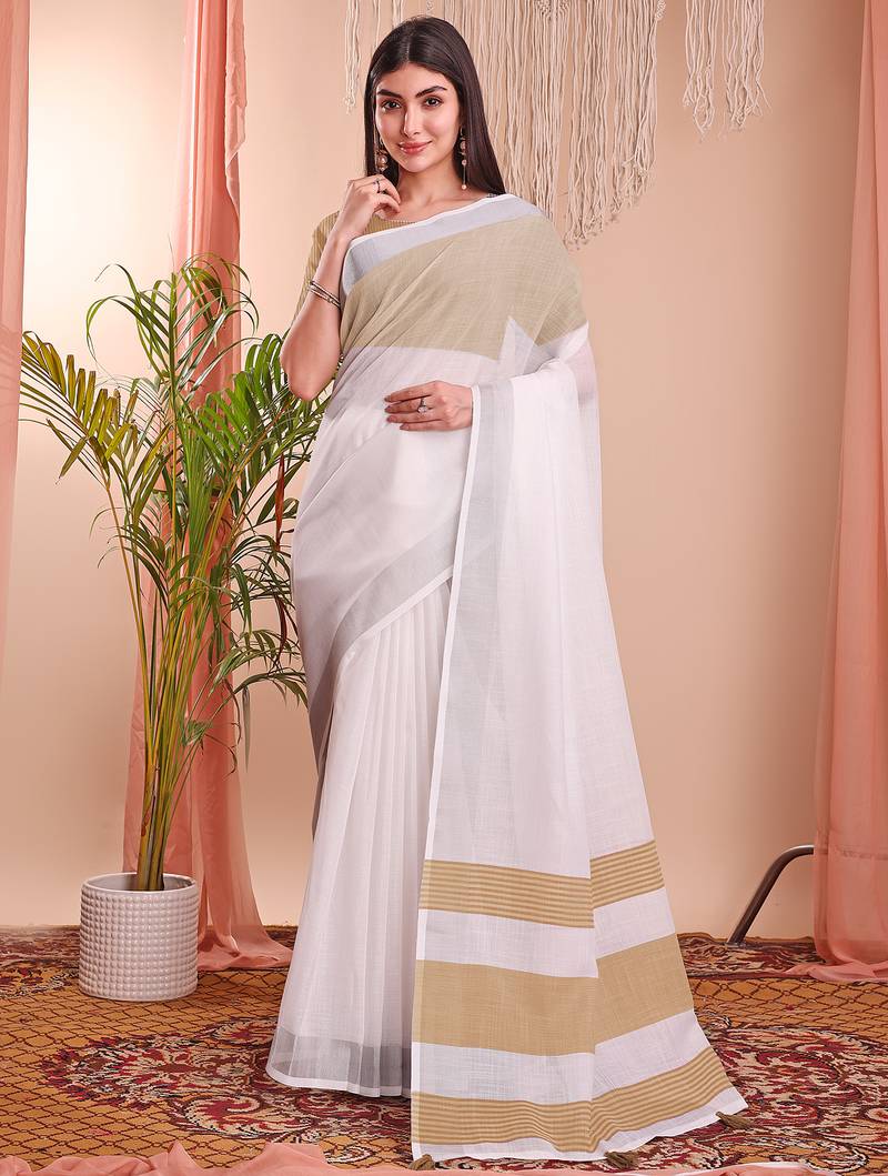 white color linen cotton zari border saree
