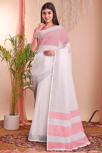 white color linen cotton zari border saree