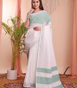 white color linen cotton zari border saree
