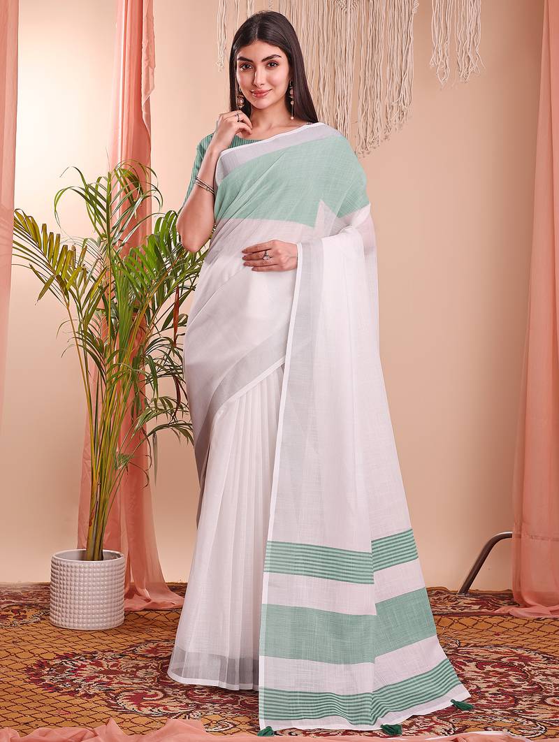 white color linen cotton zari border saree