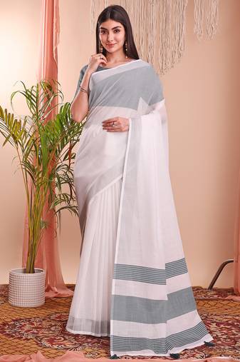 white color linen cotton zari border saree