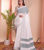 white color linen cotton zari border saree