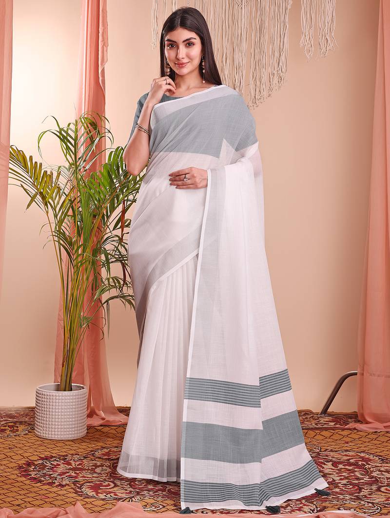 white color linen cotton zari border saree