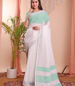 white color linen cotton zari border saree