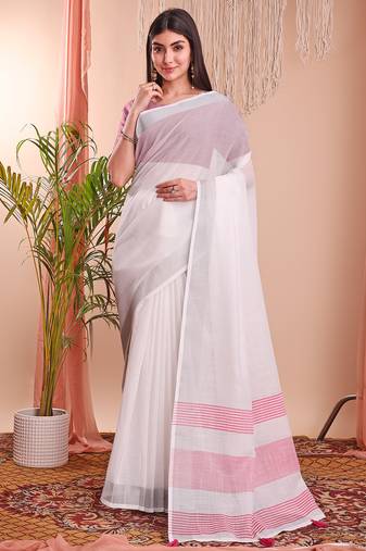white color linen cotton zari border saree