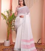 white color linen cotton zari border saree