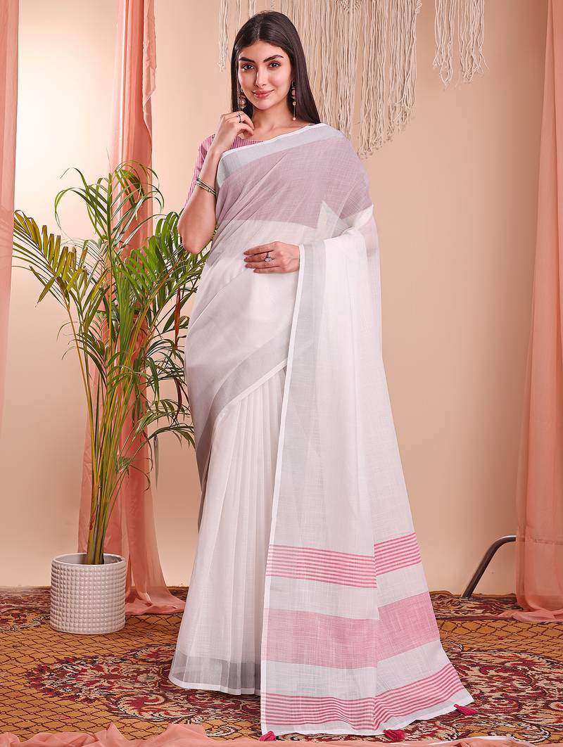 white color linen cotton zari border saree
