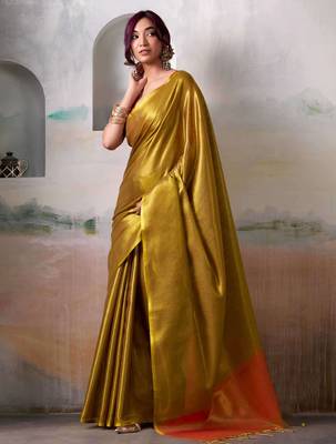 musturd solid tissue art silk blend tassels pallu saree 1