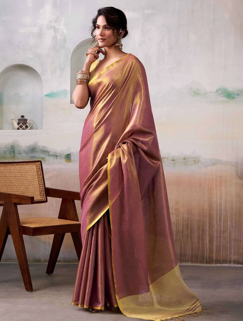 purple solid tissue art silk tassels pallu saree