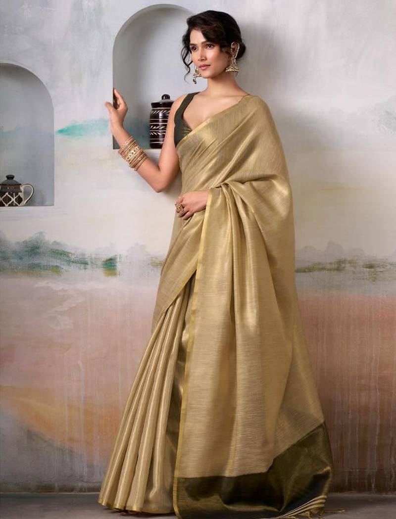 golden solid tissue art silk tassels pallu saree