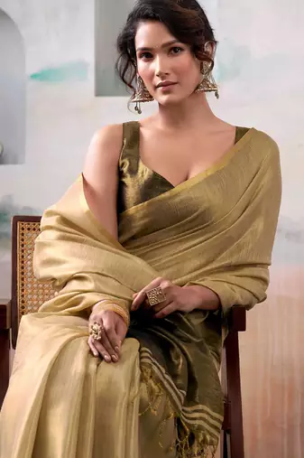 golden solid tissue art silk blend tassels pallu saree