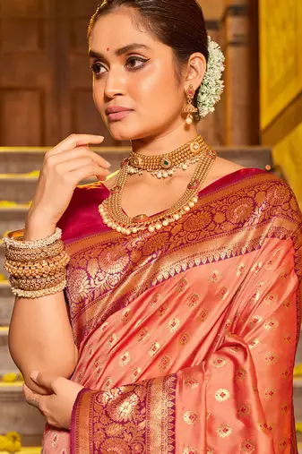 peach woven banarasi art silk blend saree
